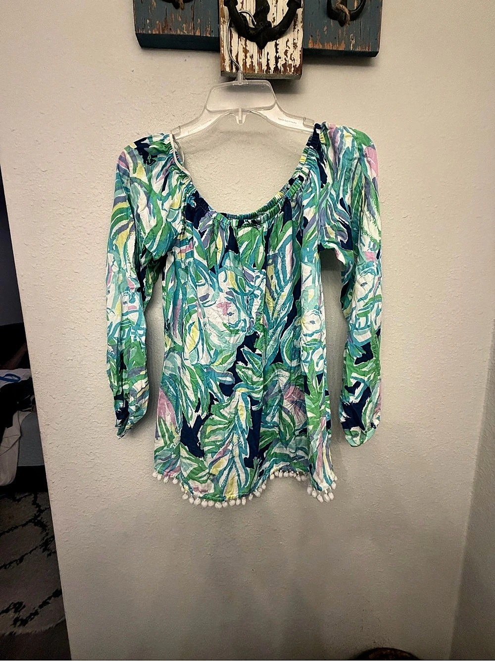 Lilly Pulitzer Enna Off-The-Shoulder Top Abstract Print Green & Blue Small